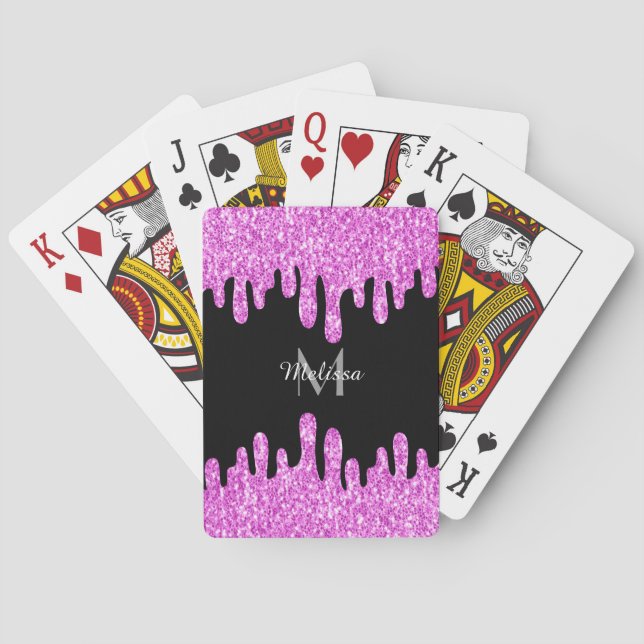 Dripping Sparkles Glitter Pink Black Monogram Poker Cards (Back)