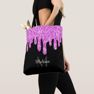 Dripping Sparkles Glitter Pink Black Monogram Tote Bag