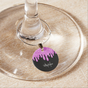 Dripping Sparkles Glitter Pink Black Monogram Wine Charm