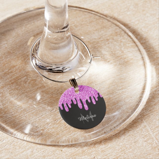 Dripping Sparkles Glitter Pink Black Monogram Wine Charm (In Situ)