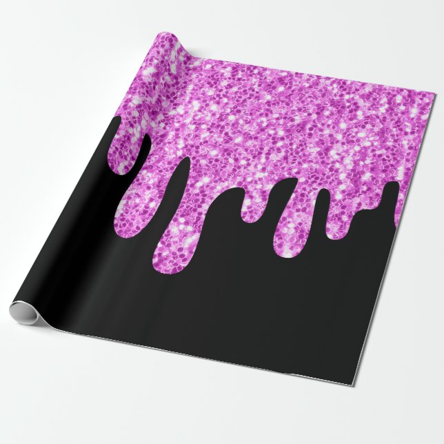 Dripping Sparkles Glitter Pink Black Wrapping Paper (Unrolled)