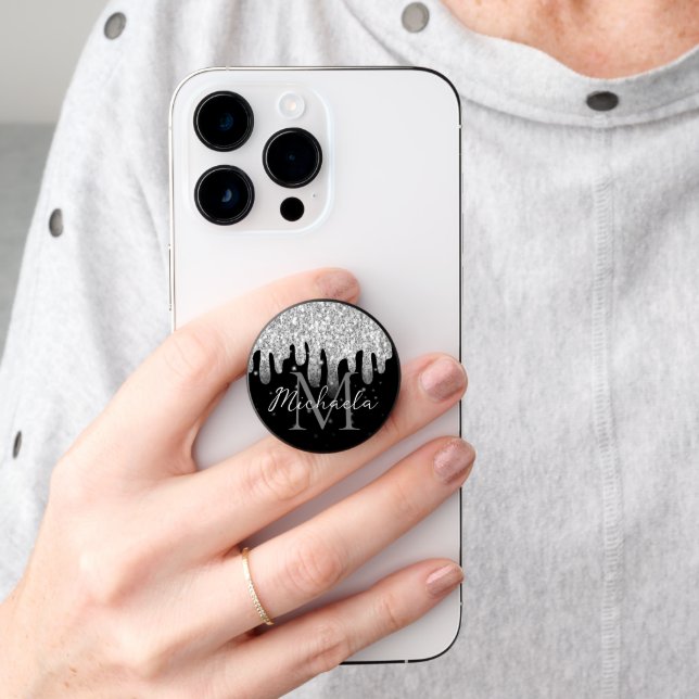 Dripping Sparkles Glitter Silver bling Monogram PopSocket (Hand)