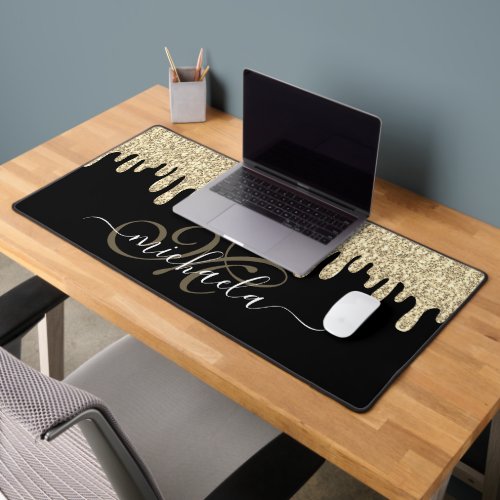 Dripping sparkles gold and black elegant Monogram Desk Mat