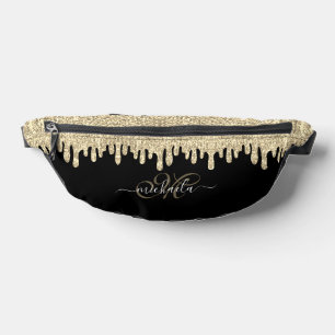 Dripping sparkles gold and black elegant Monogram Fanny Pack