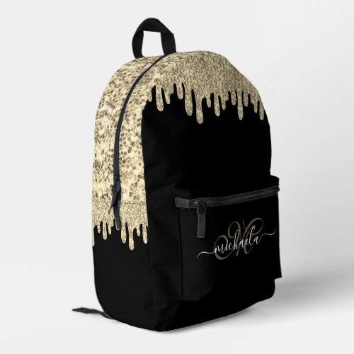 Dripping sparkles gold and black elegant Monogram Printed Backpack