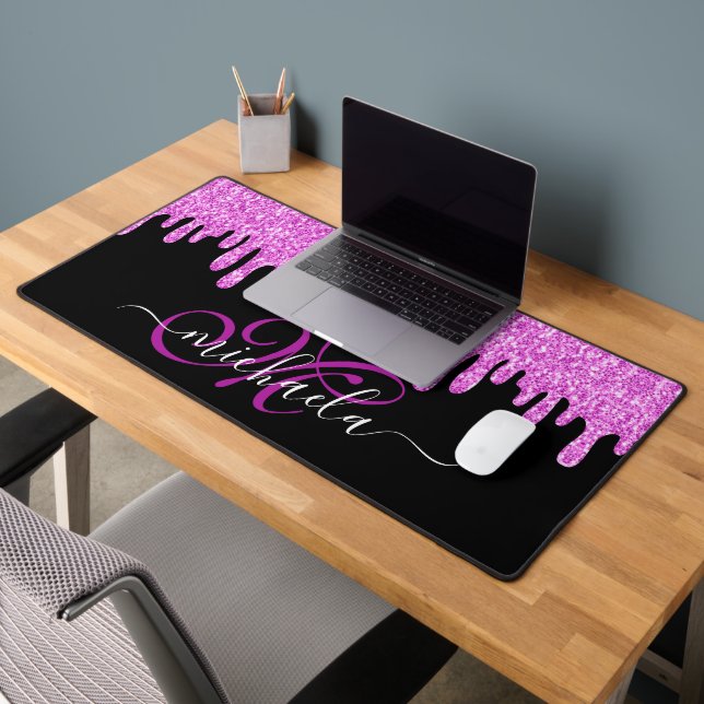 Dripping sparkles pink lavender and black Monogram Desk Mat (Office 2)