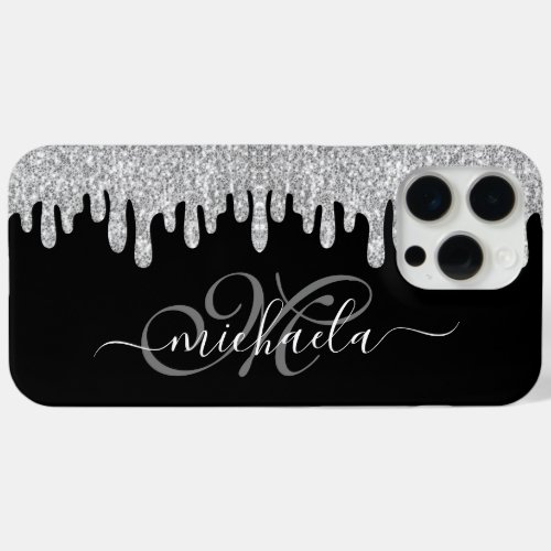 Dripping sparkles silver gray and black Monogram iPhone 15 Pro Max Case