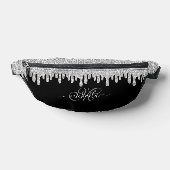 Dripping sparkles silver gray and black Monogram Fanny Pack (Lay Down)