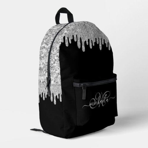 Dripping sparkles silver gray and black Monogram Printed Backpack