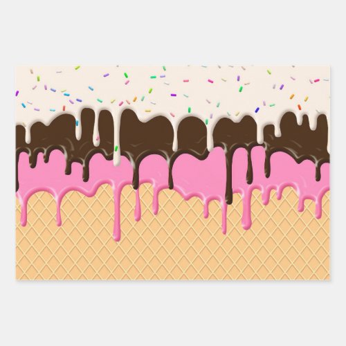 Dripping Sprinkle Ice Cream Cone Patterned Wrapping Paper Sheets