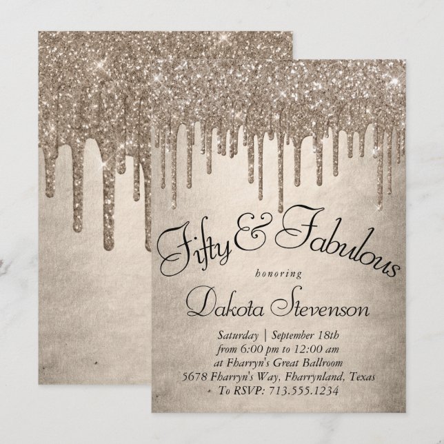 Dripping Taupe Glitter | Champagne 50 and Fabulous Invitation (Front/Back)