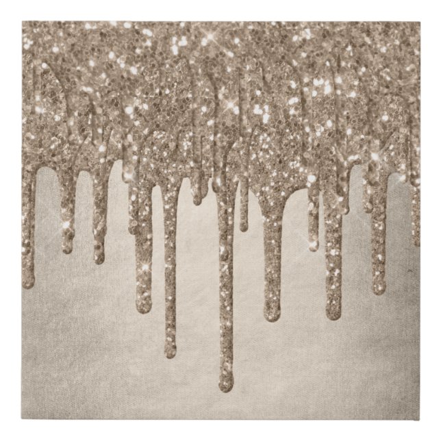 Dripping Taupe Glitter | Champagne Gold Drizzle Faux Canvas Print (Front)