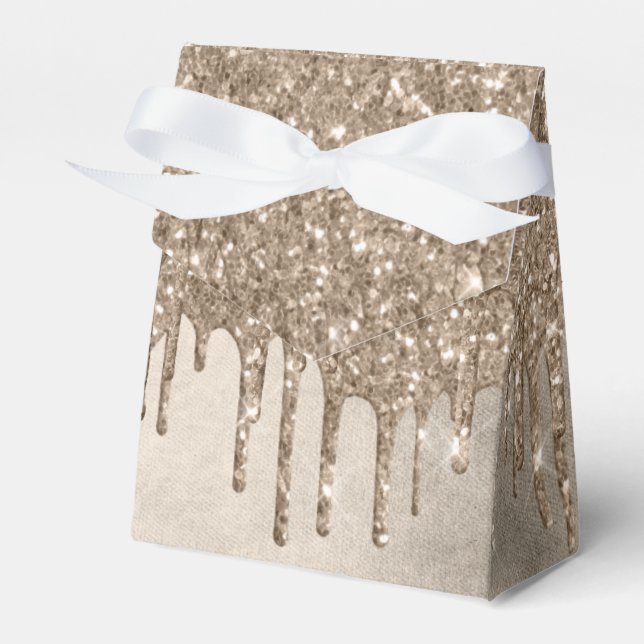 Dripping Taupe Glitter | Champagne Gold Drizzle Favor Boxes (Front Side)