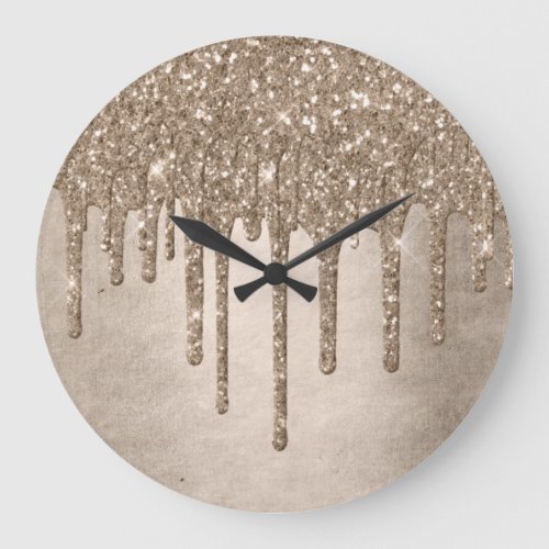 Dripping Taupe Glitter  Champagne Gold Drizzle Large Clock