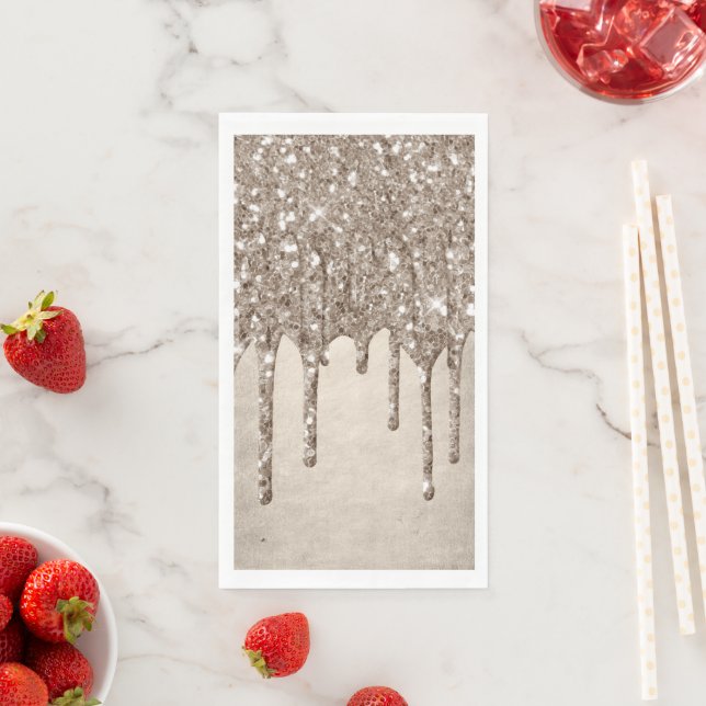 Dripping Taupe Glitter | Champagne Gold Drizzle Paper Guest Towels (Insitu)