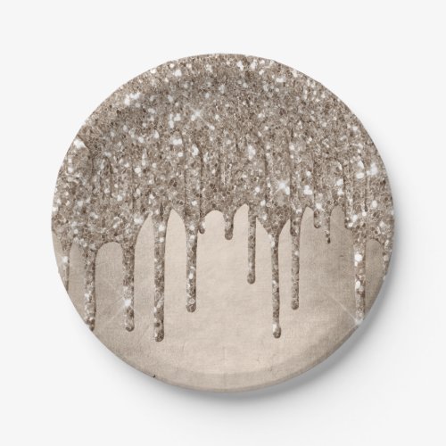 Dripping Taupe Glitter  Champagne Gold Drizzle Paper Plates