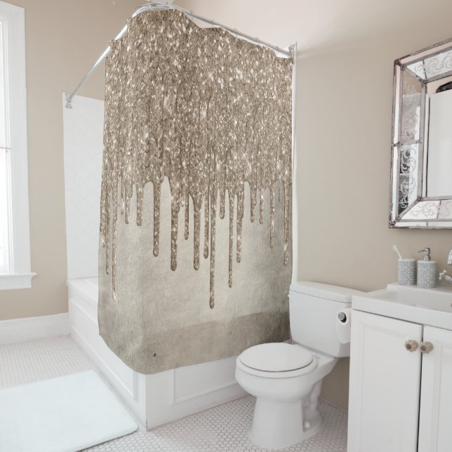 Dripping Taupe Glitter | Champagne Gold Drizzle Shower Curtain (In Situ)