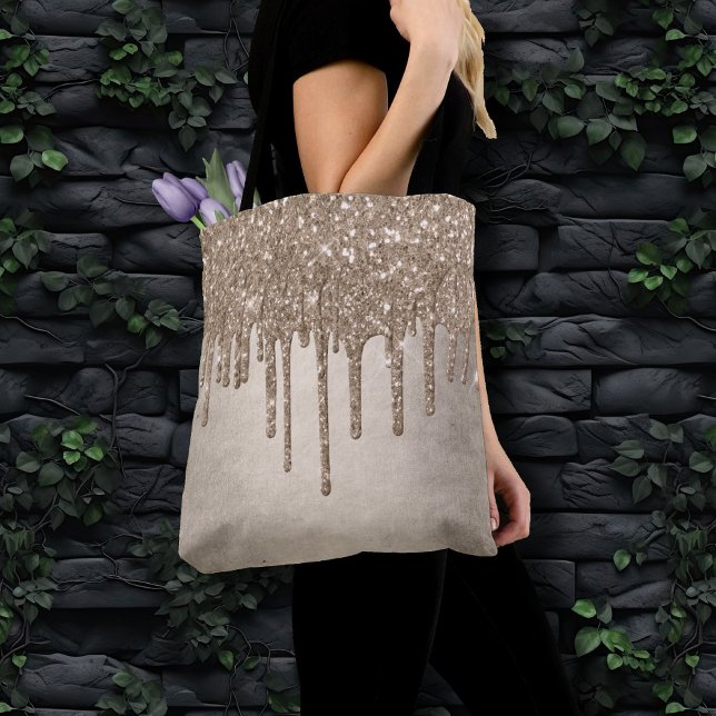 Dripping Taupe Glitter | Champagne Gold Drizzle Tote Bag (Creator Uploaded)