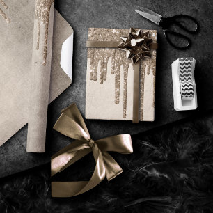 Dripping Taupe Glitter Champagne Gold Drizzle Wrapping Paper