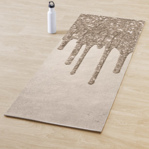 Dripping Taupe Glitter   Champagne Gold Drizzle Yoga Mat