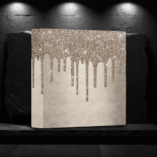 Dripping Taupe Glitter   Champagne Gold Monogram 3 Ring Binder