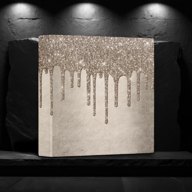 Dripping Taupe Glitter | Champagne Gold Monogram 3 Ring Binder (Creator Uploaded)