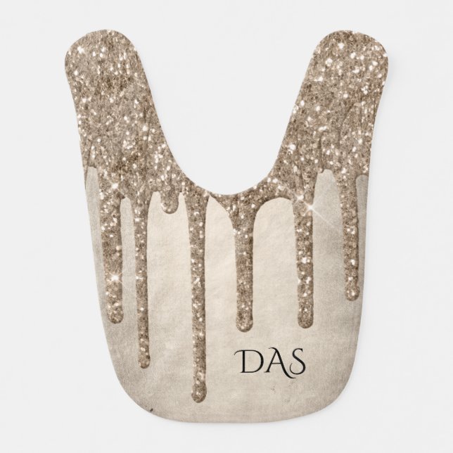 Dripping Taupe Glitter | Champagne Gold Monogram Baby Bib (Front)