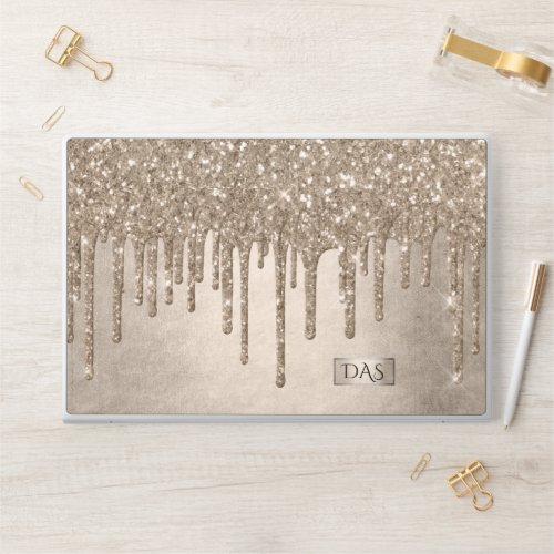 Dripping Taupe Glitter  Champagne Gold Monogram HP Laptop Skin