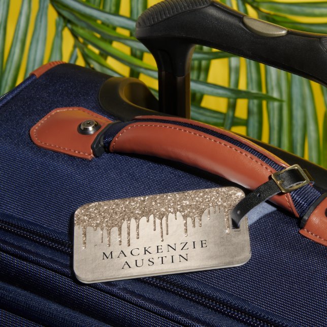 Dripping Taupe Glitter | Champagne Gold Monogram Luggage Tag (Front Insitu 3)