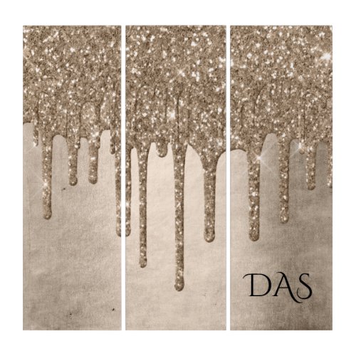 Dripping Taupe Glitter  Champagne Gold Monogram Triptych