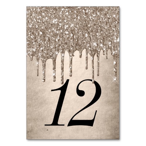 Dripping Taupe Glitter  Champagne Gold Shower Table Number