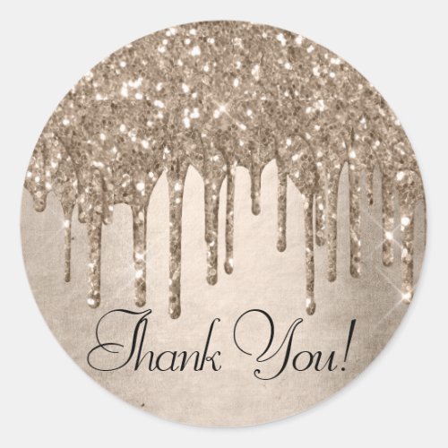 Dripping Taupe Glitter  Champagne Gold Thank You Classic Round Sticker