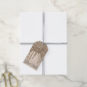 Dripping Taupe Glitter Champagne Gold Thank You Gift Tags