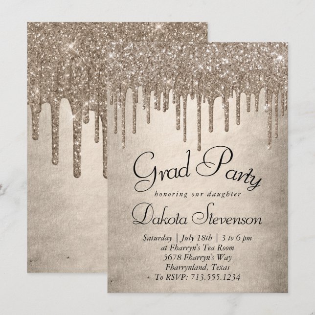 Dripping Taupe Glitter | Champagne Melt Graduation Invitation (Front/Back)