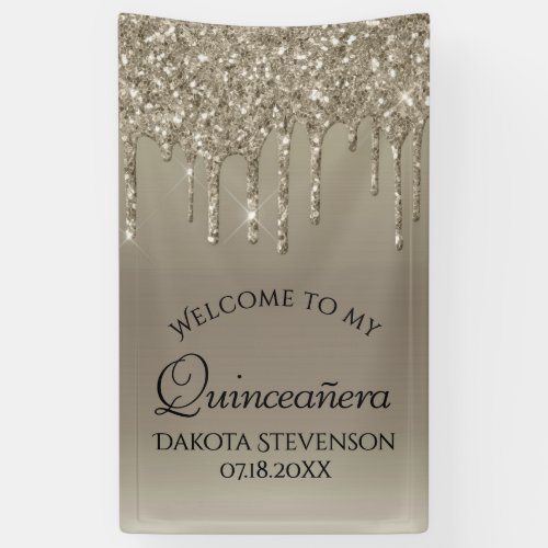 Dripping Taupe Glitter  Champagne Quinceanera Banner