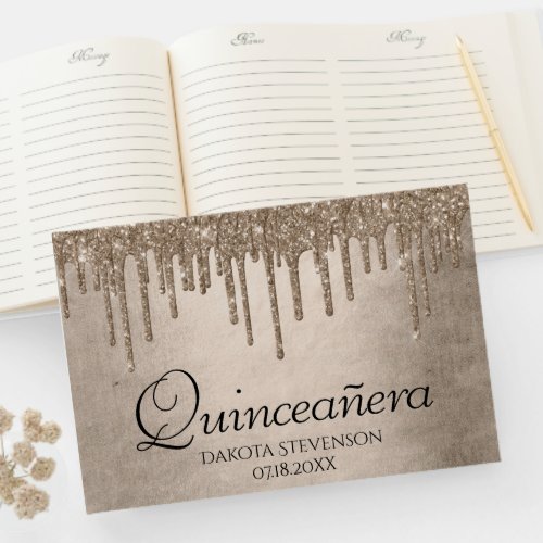 Dripping Taupe Glitter  Champagne Quinceanera Guest Book