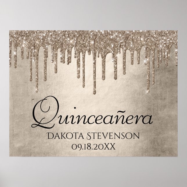 Dripping Taupe Glitter | Champagne Quinceanera Poster (Front)