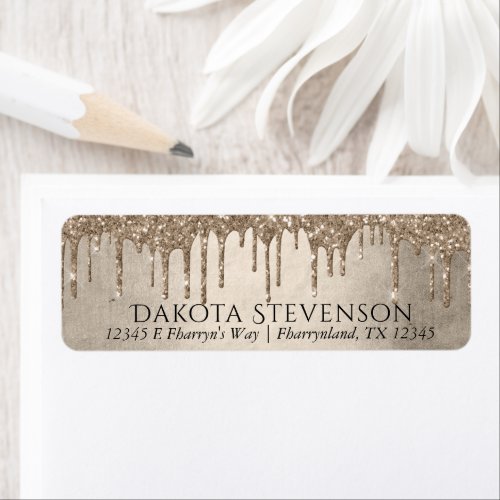 Dripping Taupe Glitter  Champagne Returm Address Label