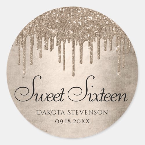 Dripping Taupe Glitter  Champagne Sweet Sixteen Classic Round Sticker