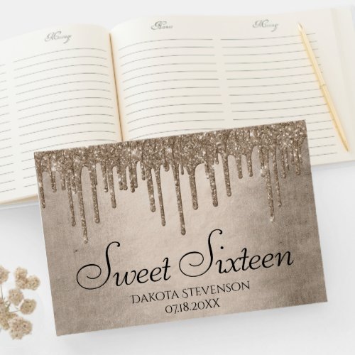 Dripping Taupe Glitter  Champagne Sweet Sixteen Guest Book