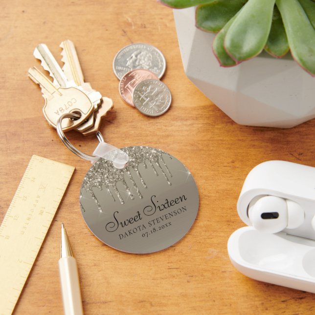 Dripping Taupe Glitter | Champagne Sweet Sixteen Keychain (Desk)