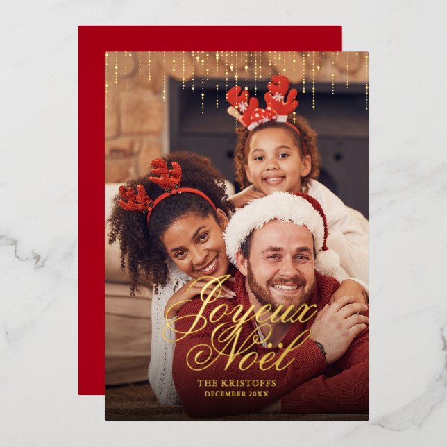 Dripping Tinsel Joyeux Noël Photo Greeting Foil Holiday Card (Front/Back)