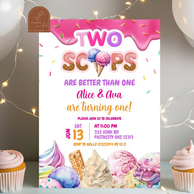  Dripping Twins Pink Ice Cream Girl Birthday  Invitation (Creator Uploaded)