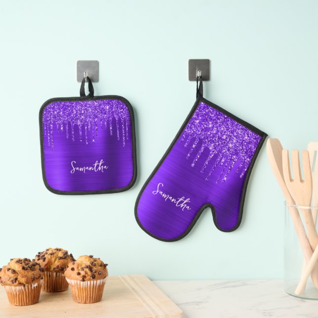 Dripping Violet Glitter Glam Name Oven Mitt & Pot Holder Set (Insitu(Hanging))