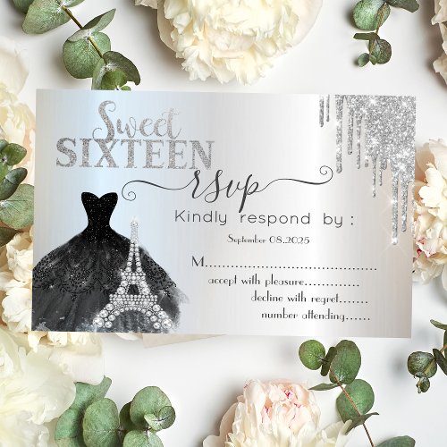  Drips Black Dress Eiffel Tower Sweet 16 RSVP  Invitation