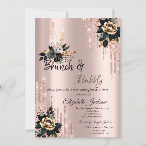 Drips Black Roses Brunch  Bubbly Bridal Shower Invitation