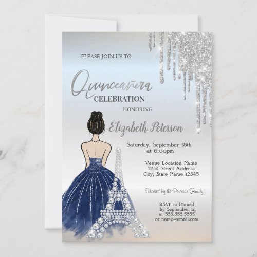 DripsBlue Dress Girl Eiffel Tower Quinceaera Invitation