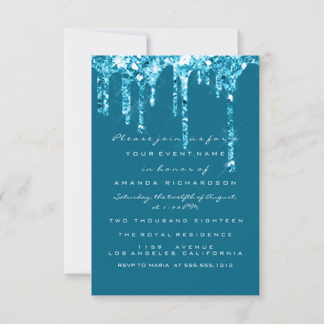  Drips Blue Teal Glitter Bridal Sweet 16th Invitation (Front)