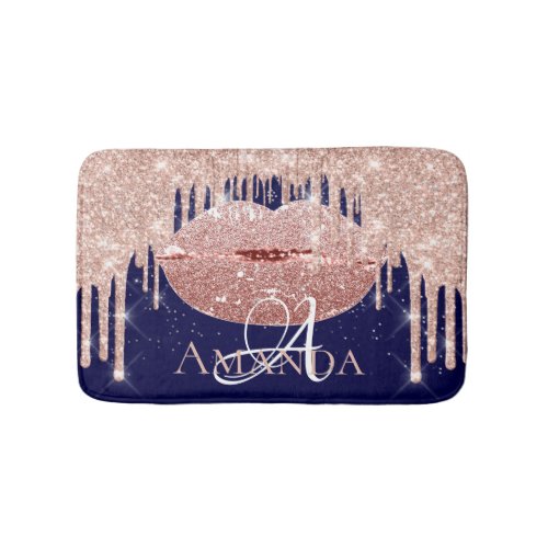 Drips Blush Rose Kiss Glitter Name Monogram Navy Bath Mat