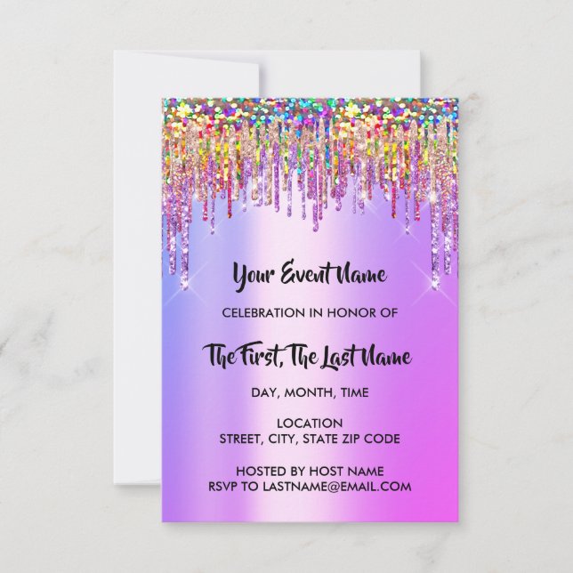 Drips Bridal Shower Sweet 16th Holograph Pink Invitation (Front)